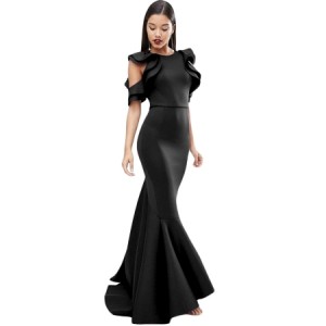 Black Celeb Style Scuba Ruffle Extreme Fishtail Maxi Dress